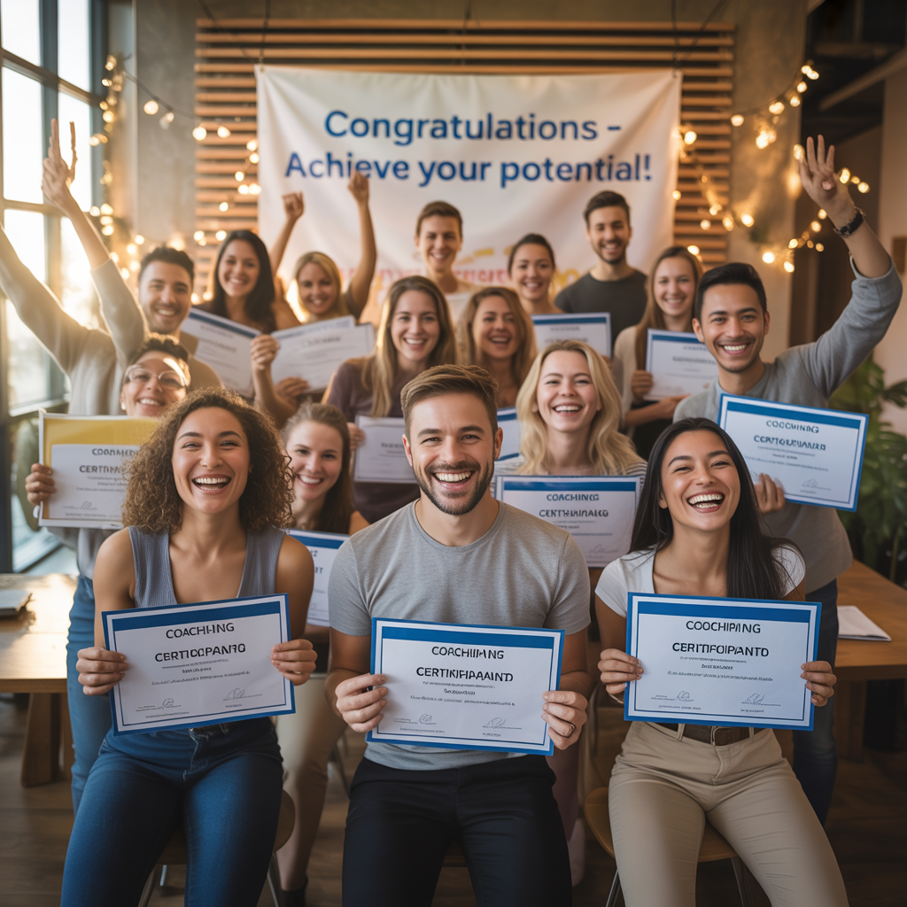 Participants enthousiastes à la fin d'un séminaire de coaching